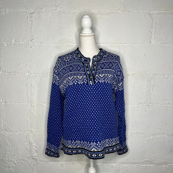 Vintage L.L. BEAN Sweater Nordic Snowflake Arctic Fair Isle Blue Sweater Medium - Picture 1 of 6